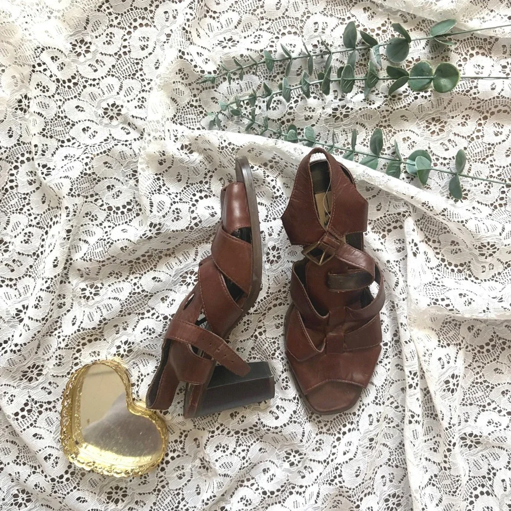 KF‎ Ltd Vintage Brown Leather Strappy Block Heel Sandals Made in Brazil 6.5M